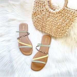 Strappy square toe slip on sandals slides flat